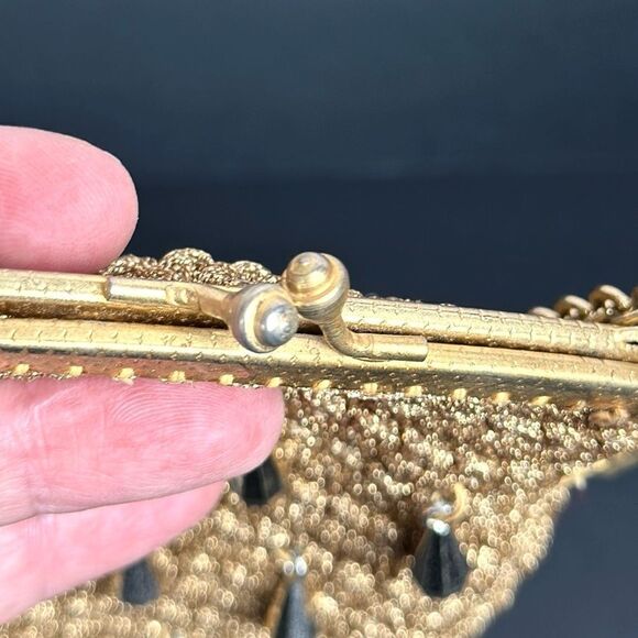 Vintage Gold Small Evening Bag Mesh Crochet with Beads made in Italy - Picture 7 of 11